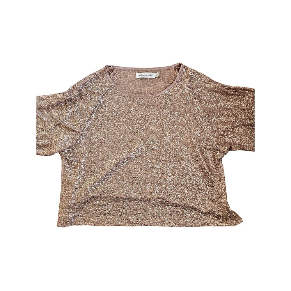 NWOT NEW RM‎ Rebecca Minkoff sparkly beaded short sleeve top MEDIUM gold/taupe